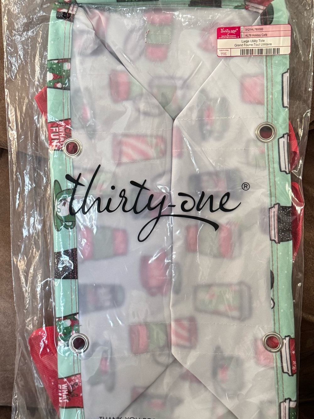 Thirty-One NIP Large Utility Tote Bag Holiday Cafe Coffee Print